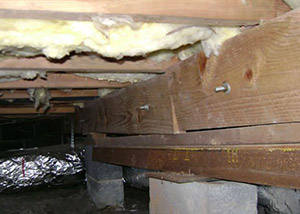 A sagging crawl space with concrete supports and wooden shimming a Blairstown crawl space