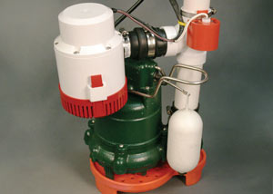 A cast-iron Zoeller sump pump with battery backup and pump stand