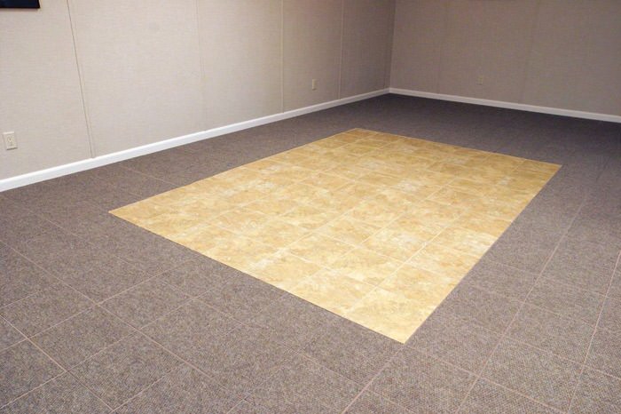 tiled and carpeted basement flooring installed in a Hopatcong home